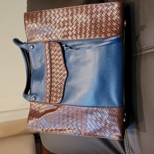 REBECCA MINKOFF blue Saffiano leather and brown basket weave leather TOTE BAG